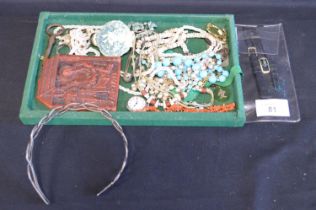 Tray of jewellery to include scent bottle and wax relief Please note descriptions are not