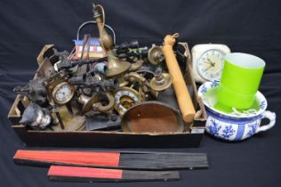 Quantity of sundry items to include: wall clock, lamp, clock parts and brass hanging light etc