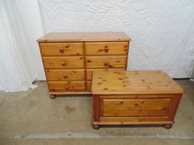 Pine chest of eight short drawers - 43.5" x 17.5" x 34" tall together with a pine blanket box on bun