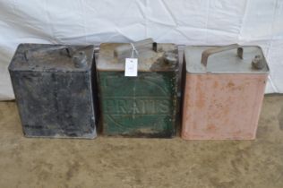 Three vintage square petrol cans (two un-named and one Pratts) Please note descriptions are not