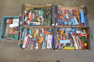 Five boxes of toy cars to include quantity of Chipperfields Circus trucks etc, playworn Please