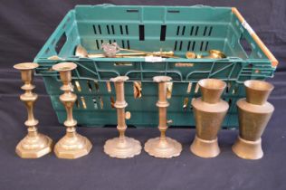Box of brassware to include: two pairs of brass candlesticks, fireside companion and pair of vases