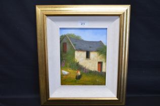 Kay Leonard, oil on board of chicken and farm building, signed bottom right, in unglazed gilt
