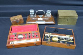Two cased hydrometers by Dring & Fage and Sikes together with double inkwell and two boxes Please