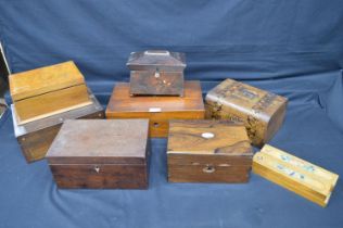 Group of boxes to include: tea caddy, writing slope, two pencil boxes etc Please note descriptions