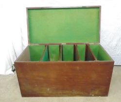 Mahogany silver chest the lift top opening to reveal four baize lined removable dividers, lock