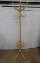 Frovi beech effect hat stand with six bentwood coat hooks and standing on splay legs - 77" tall