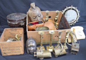 Two boxes of sundry items to include: telephones, candlesticks, two Trench Art sugar scuttles etc