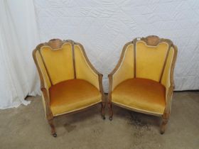 Part salon suite to comprise: four dining chairs, a two seater settee and two tub style armchairs