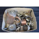 Box of assorted metalware to include: copper jug, silver plated tankards and cutlery etc Please note