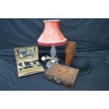 Cut glass table lamp, bowler hat, two leather cases and a fitted vanity case Please note