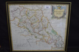 Robert Morden coloured Map Of Northamptonshire, in glazed black frame - 16.75" x 14" Please note