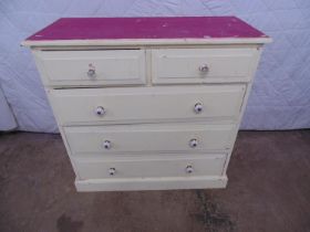 Painted pine chest of three long and two short drawers, standing on plinth base (striking pink
