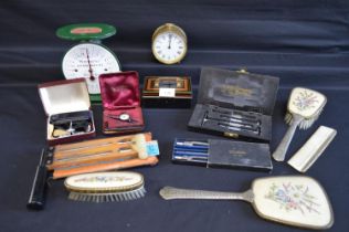 Group of sundry items to include: engineering tools, brass cased clock and scales etc Please note