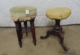 Two mahogany piano stools to comprise one with four reeded legs and one pedestal on turned column