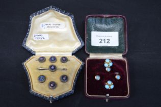 Boxed set of dyed pearl buttons together with a boxed set of studs Please note descriptions are