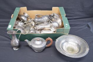 Box of silver plate to include: teapots, swing handle cake basket and tray etc Please note