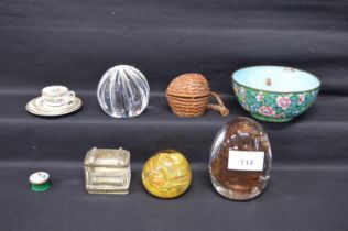 Group of three paperweights, miniature Coalport trio and enamel on copper bowl etc Please note