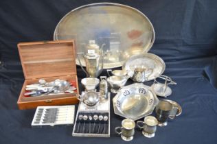 Box of silver plated ware and cutlery toinclude: four piece teaset, two handle serving tray and