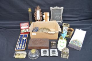 Collection of sundry items to include: inkwells, paperweights, telescope and thermometer etc
