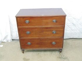 19th century mahogany chest of three long drawers, standing on turned feet - 36.25" x 19.25" x 35.