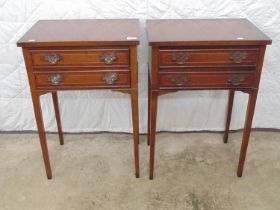 Pair of reproduction inlaid mahogany side tables with two drawers each having brass swing