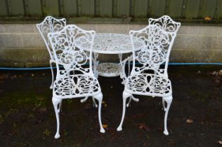 White painted aluminium circular garden table - 34" dia and four matching chairs Please note