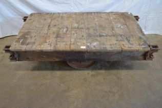 Industrial wooden trolley on four iron wheels - 53.5" x 25.6" Please note descriptions are not