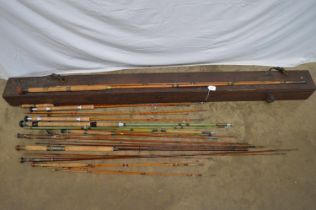 Quantity of mostly split cane fishing rods to include: four Hardy rods and an Allcocks Gladiator