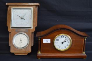Oak wall barometer with thermometer dial - 11.75" tall and a mahogany cased mantel clock - 7" tall