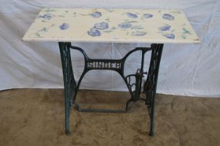 Metal Singer sewing machine base table with painted wooden top - 35.5" wide Please note descriptions