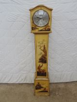 Chinoiserie style grandmother clock having silvered dial and black hands - 10" x 7.5" x 52.25"
