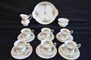 Royal Albert Moss Rose pattern teaset to comprise: cake plate, milk jug, sugar bowl, six cups, six