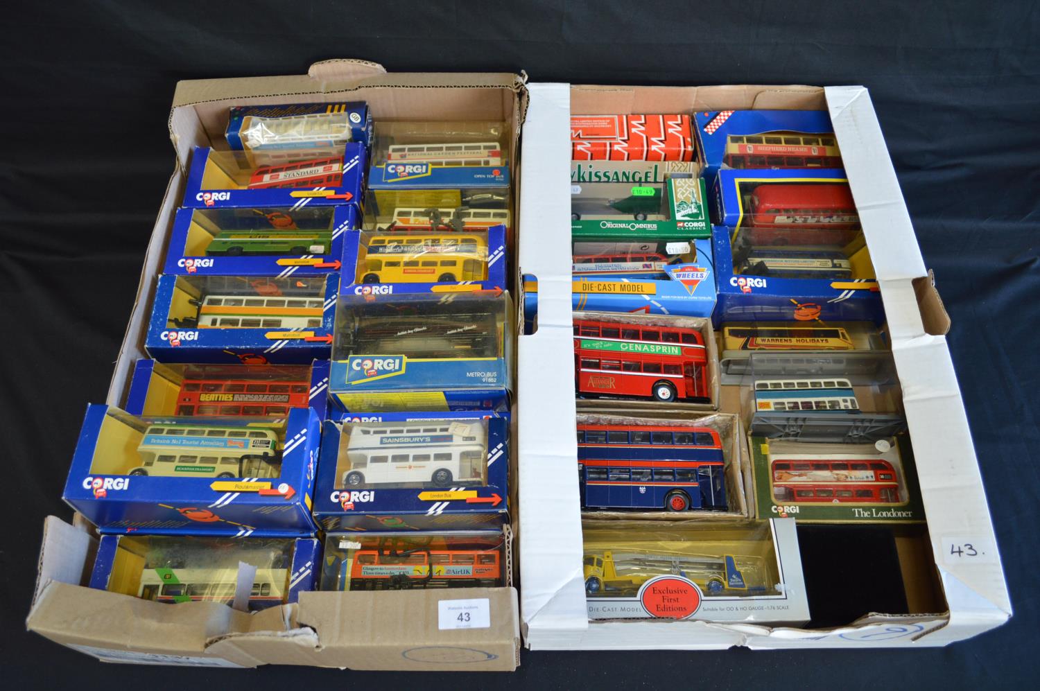 Two boxes of mostly Corgi boxed buses Please note descriptions are not condition reports, please