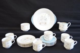Aynsley Flying Wild pattern tea set to comprise: six tea cups, six 5.75" saucers, milk jug, sugar