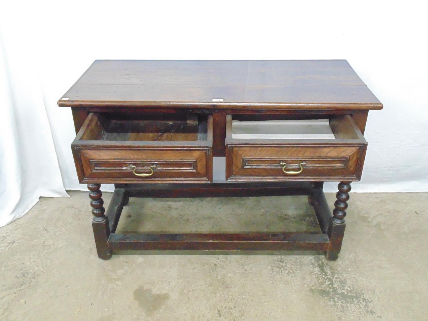 Period oak dresser base having two drawers with brass swan neck handles, standing on bobbin turned - Image 2 of 3