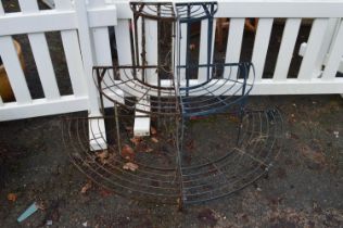 Two 20th century metal three tier corner plant stands with bow fronts - 33.25" x 29.25" tall