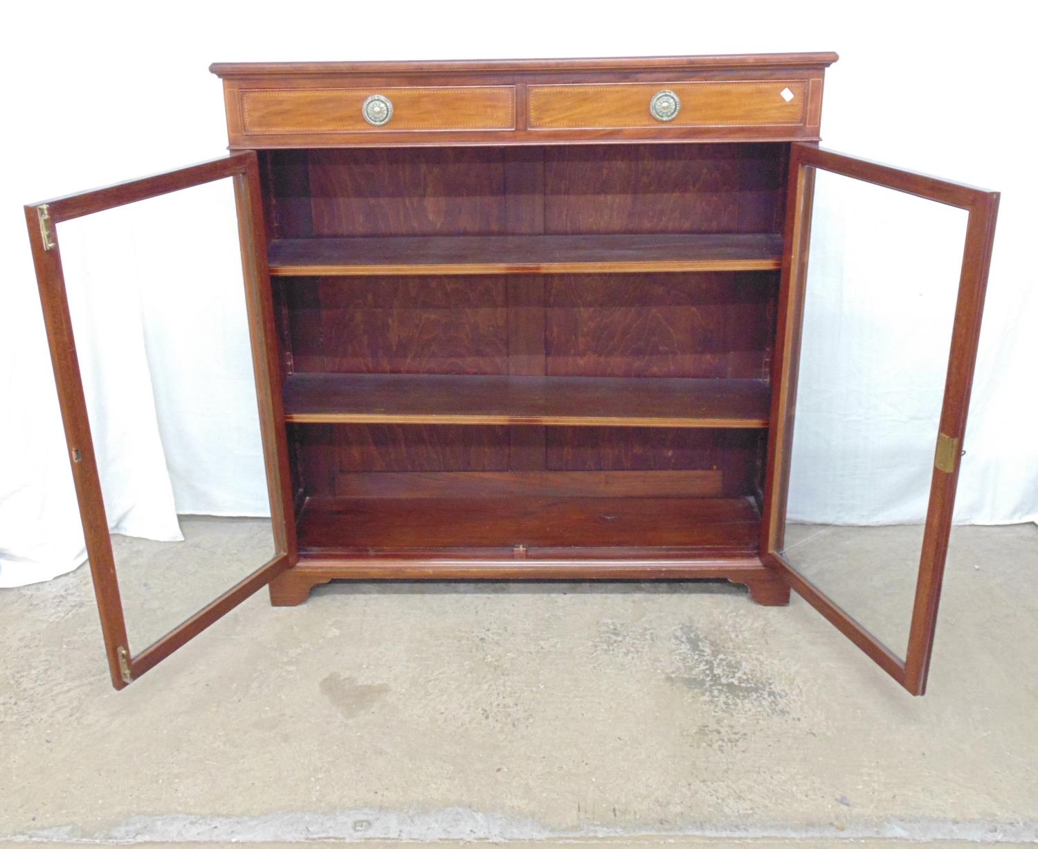 Inlaid mahogany glazed display case having two drawers over two doors enclosing two shelves, - Image 2 of 3