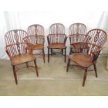 Harlequin set of five 19th century yew wood and elm Windsor chairs with stick backs and pierced star