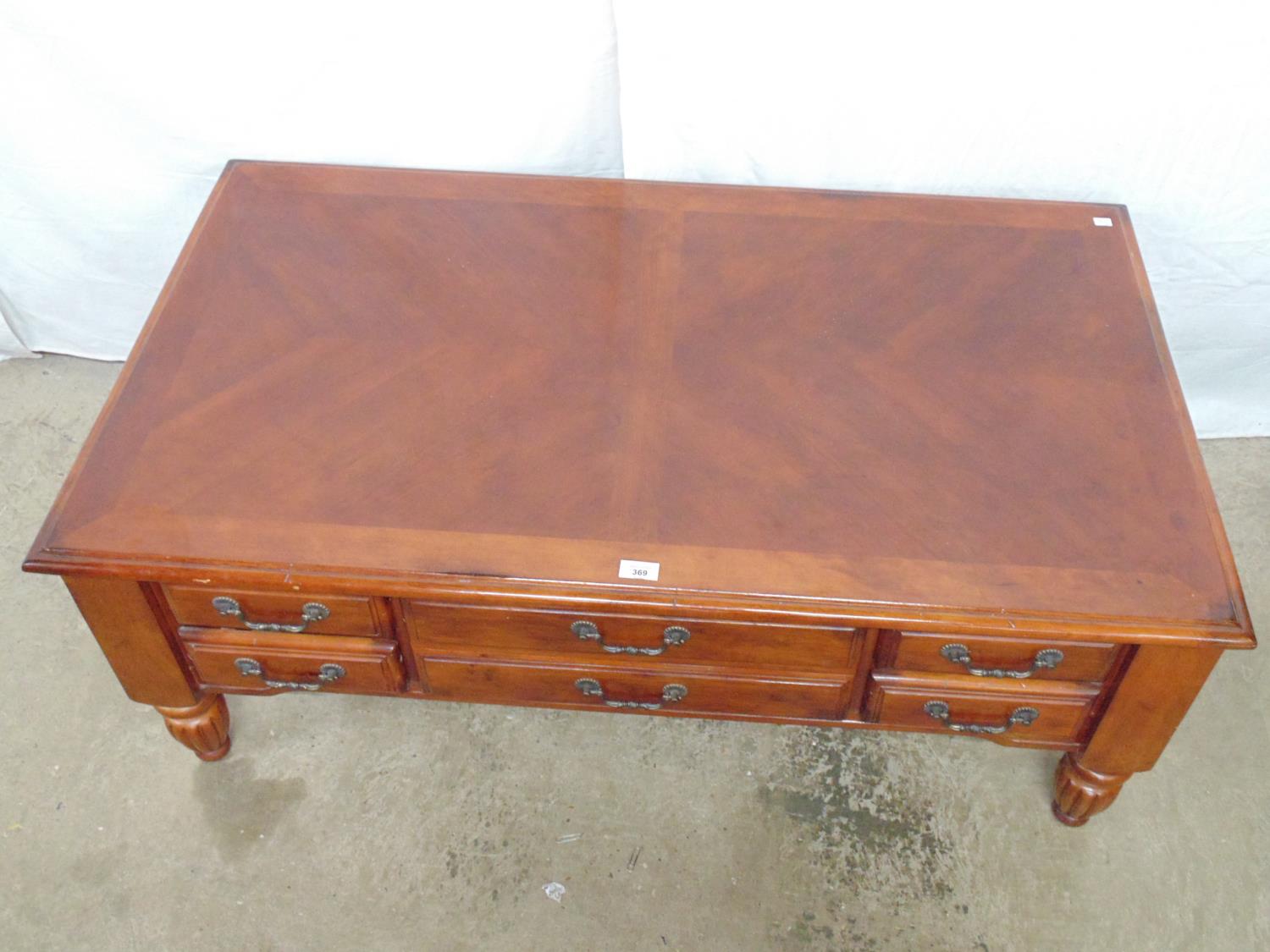 Modern coffee table with five drawers (simulating six) to one side, standing on bulbous reeded - Image 2 of 3