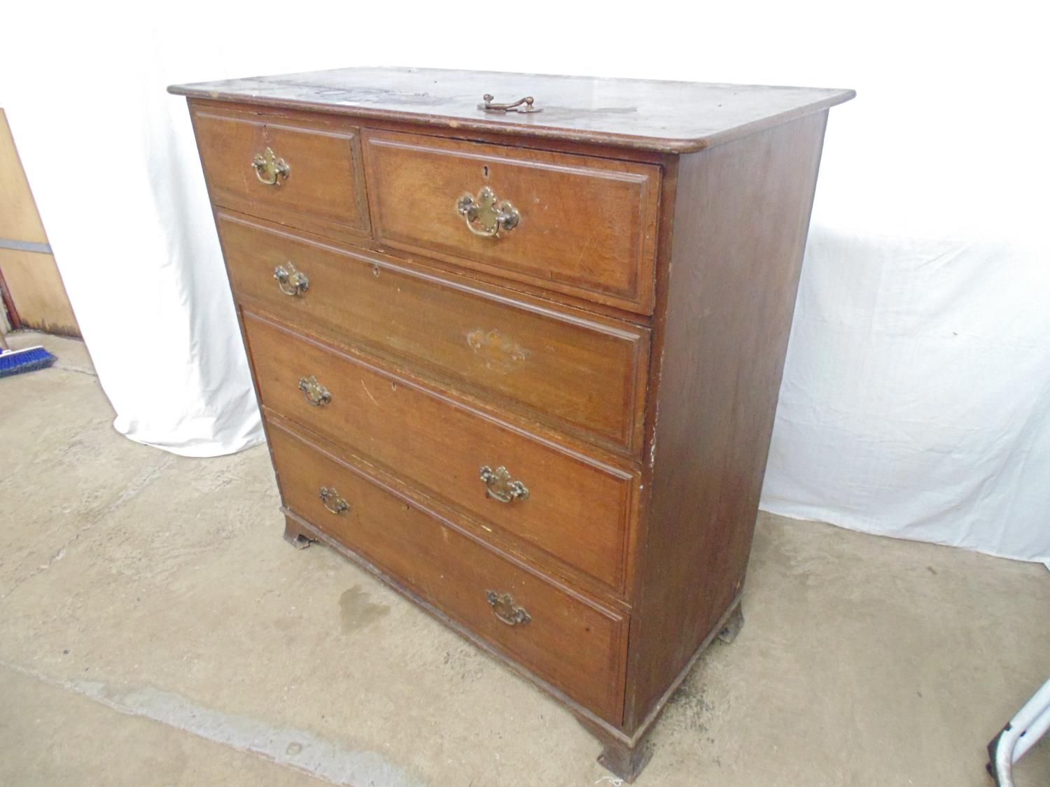 Warings oak chest of two short and three long crossbanded drawers with brass handles, standing on - Image 2 of 5