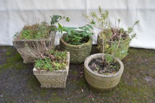 Group of five 20th century concrete planters of various shapes and styles Please note descriptions