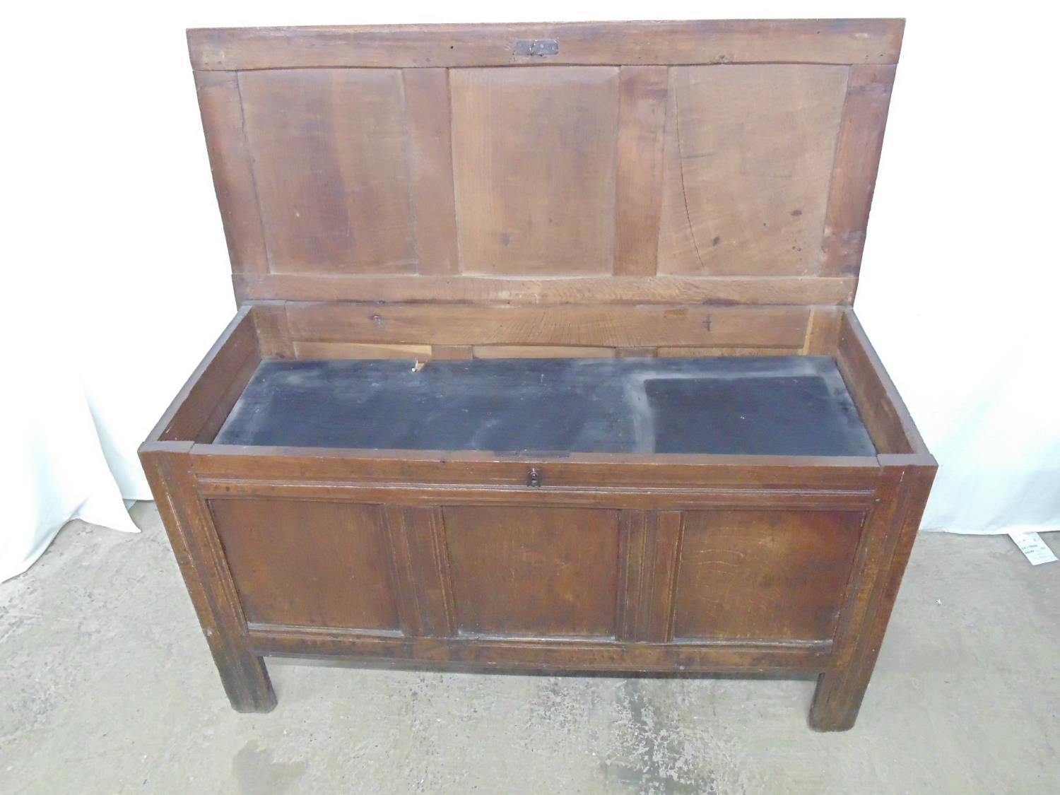 19th century oak coffer having three panel top and front, standing on square legs - 51.25" x 22.5" x - Image 3 of 3