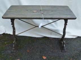 20th century iron base garden table with rectangular wooden top - 42" x 21.75" x 28" tall Please