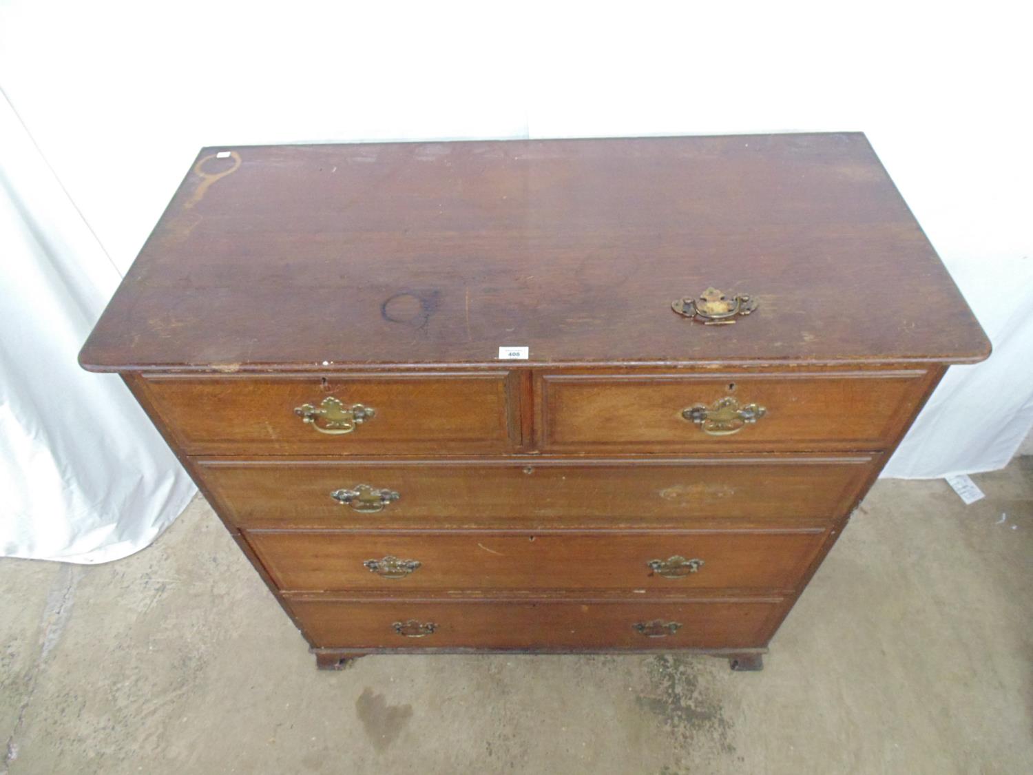 Warings oak chest of two short and three long crossbanded drawers with brass handles, standing on - Image 3 of 5