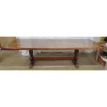 20th century oak refectory table having five plank top with cleated ends, standing on two pierced