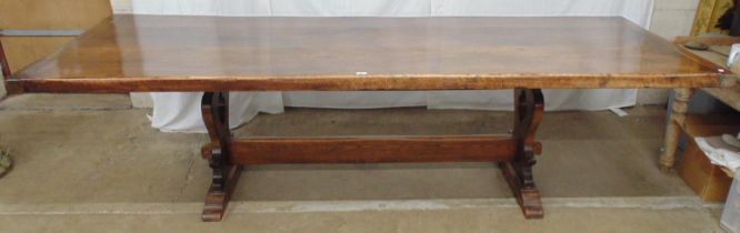 20th century oak refectory table having five plank top with cleated ends, standing on two pierced