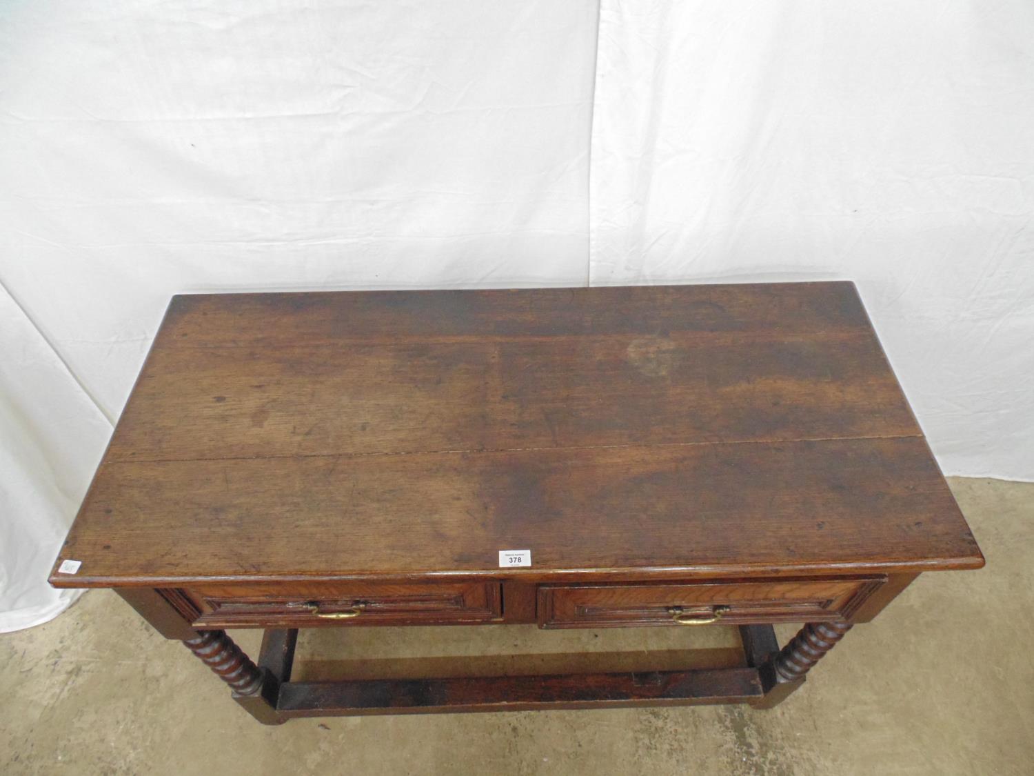 Period oak dresser base having two drawers with brass swan neck handles, standing on bobbin turned - Image 3 of 3