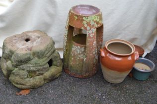 Terracotta chimney pot - 23.5" tall together with a weathered plinth and pots Please note