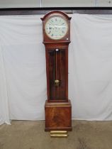 Mahogany long case clock with circular white enamel dial having Roman Numerals and bearing the